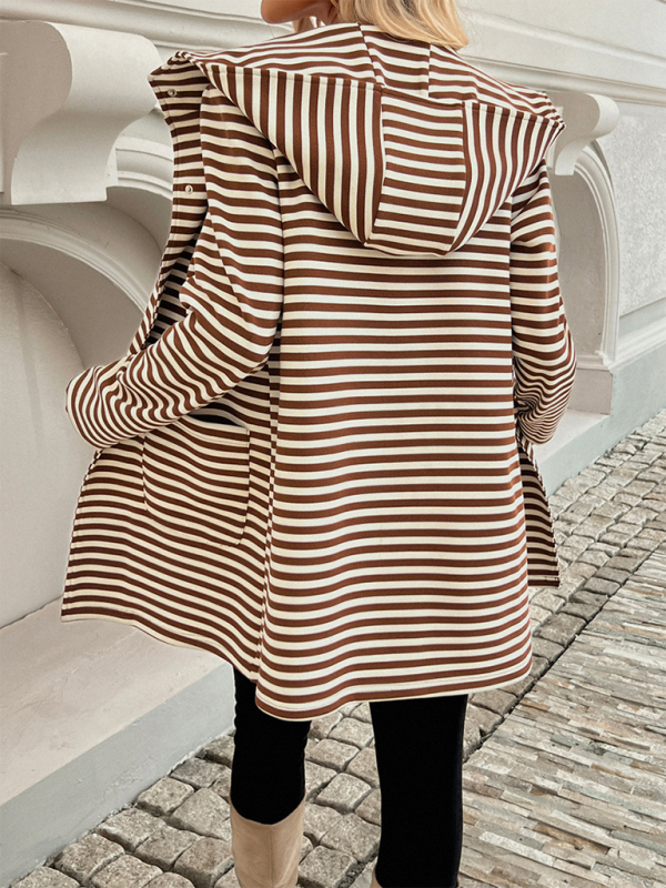 Coats- Stripped Hooded Coat with Snap Buttons for Casual Outings