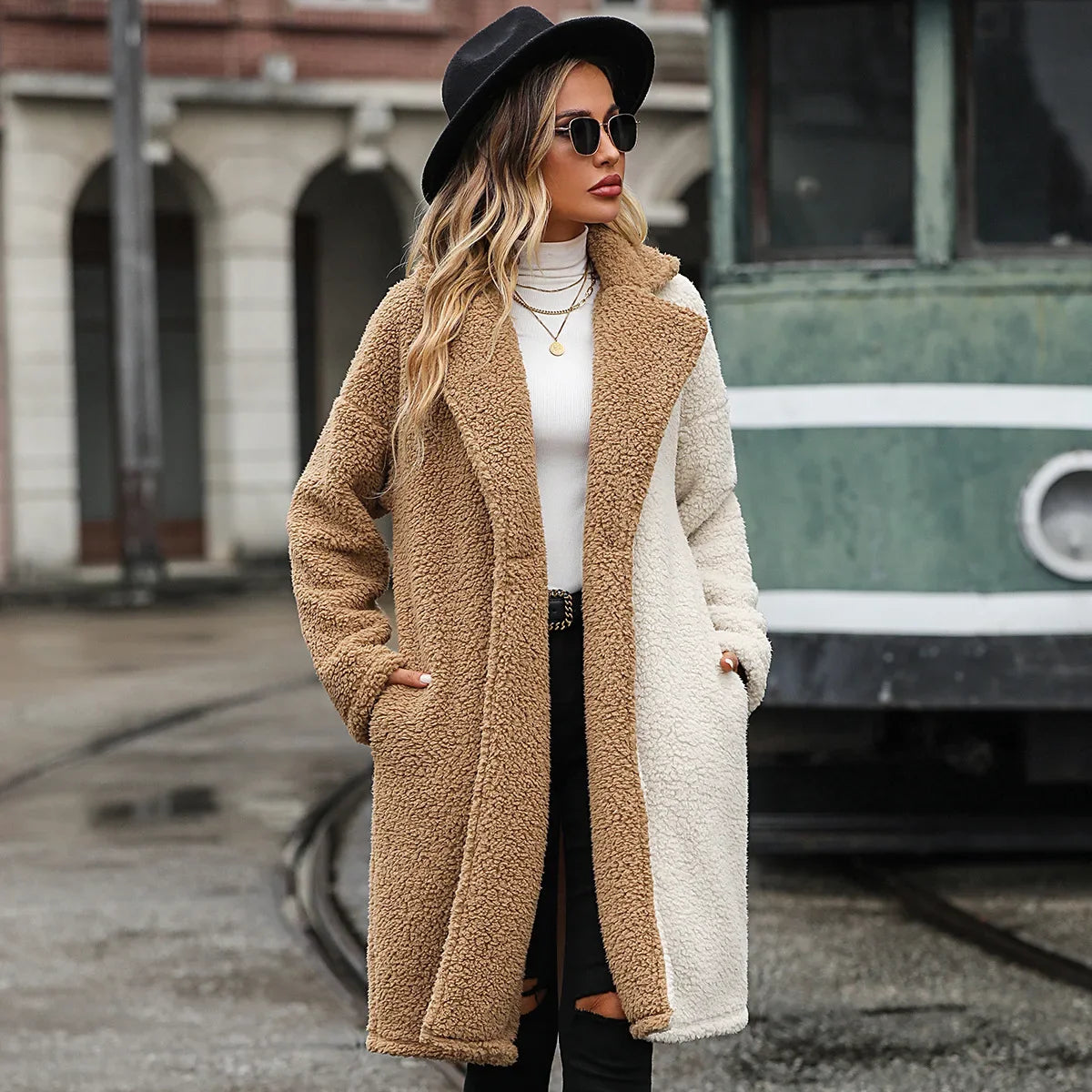 Coats - Two-Tone Teddy Coat Autumn-Winter Plush Outerwear