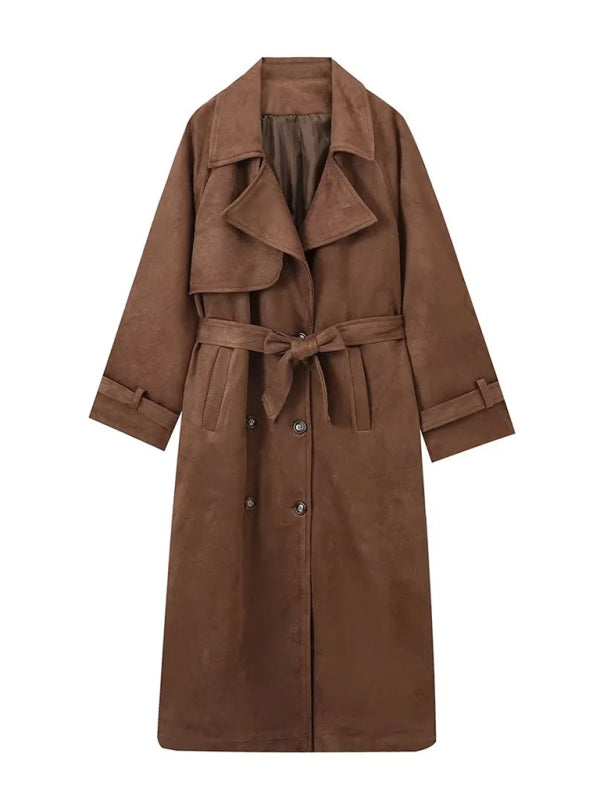 Coats - Winter Faux Suede Trench Coat Belted Notch Outerwear