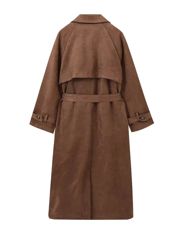 Coats - Winter Faux Suede Trench Coat Belted Notch Outerwear