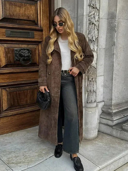 Coats - Winter Faux Suede Trench Coat Belted Notch Outerwear