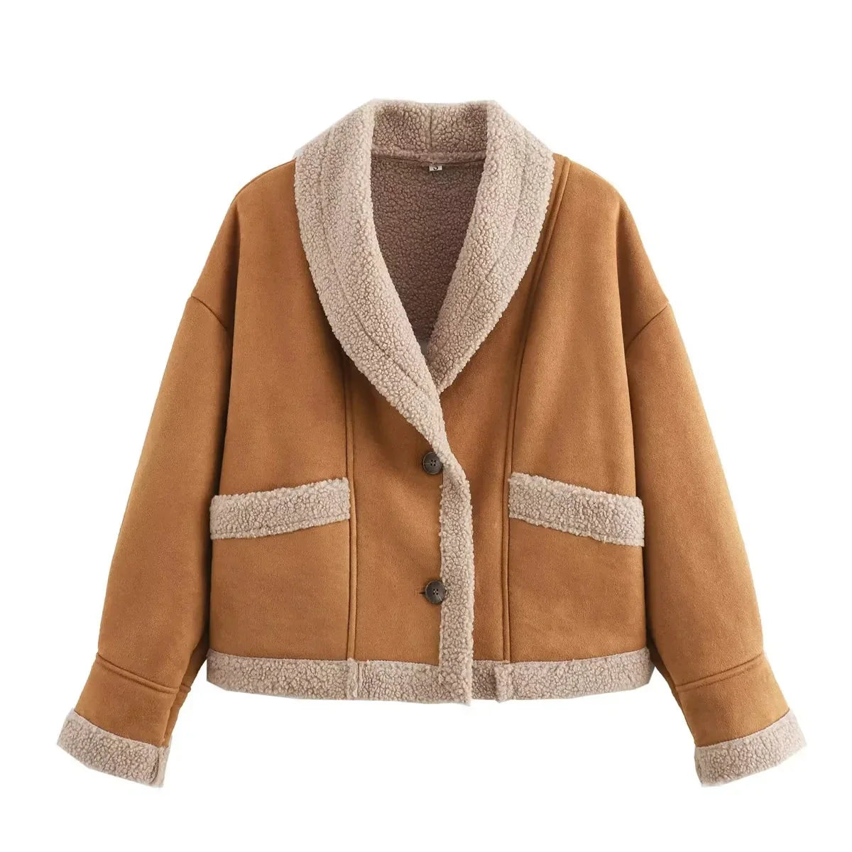 Coats- Winter Sherpa-Lined Casual Jacket- Camel- Chuzko Women Clothing