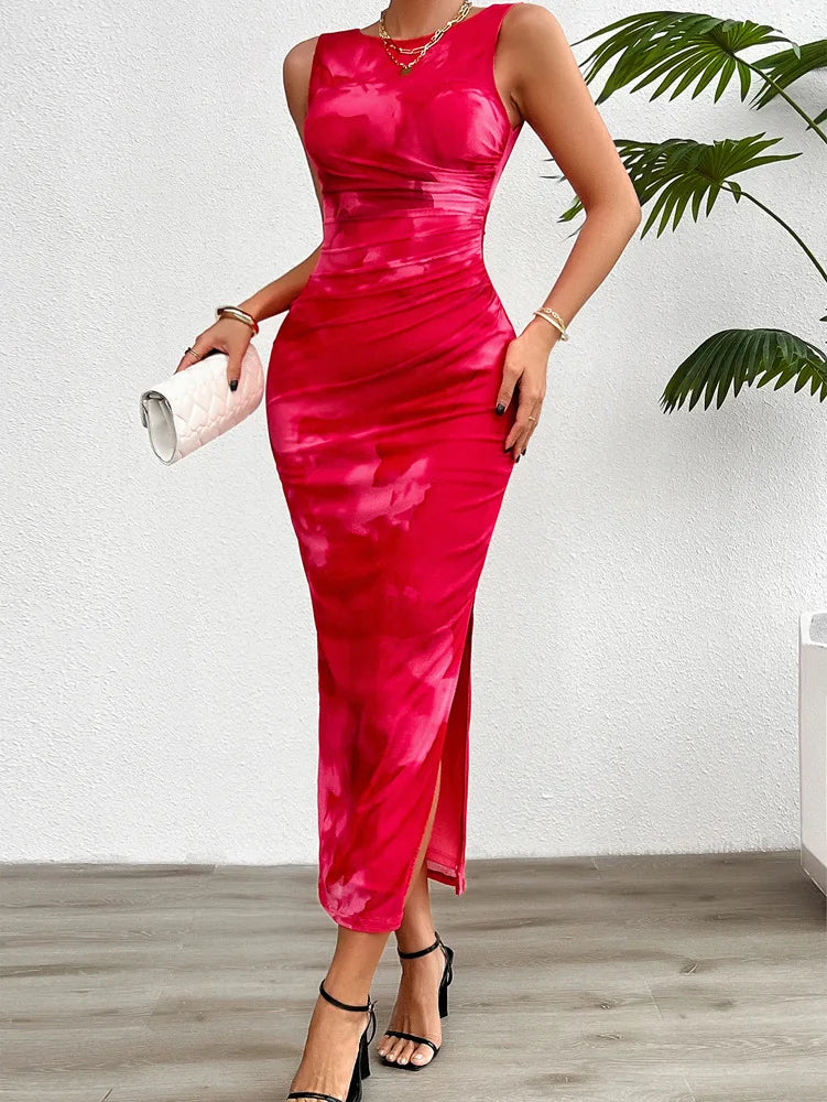 Cocktail Abstract Elegance Ruched Bodycon Midi Dress