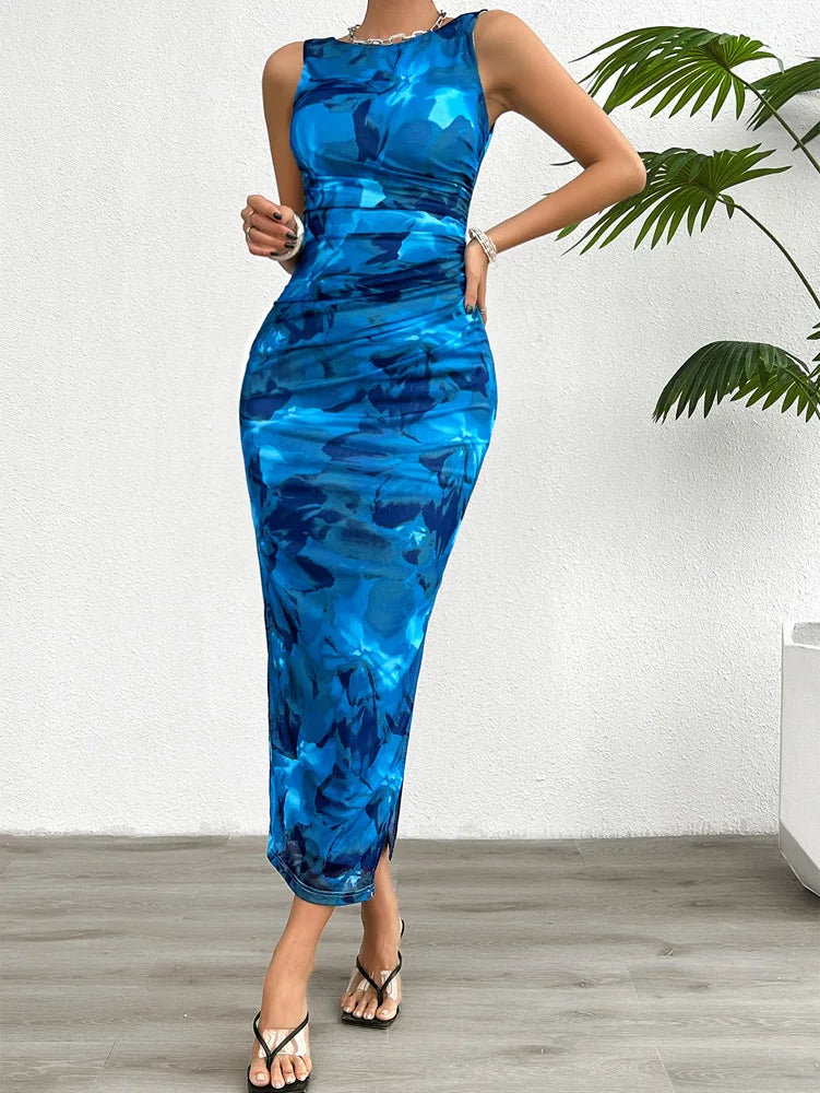 Cocktail Abstract Elegance Ruched Bodycon Midi Dress