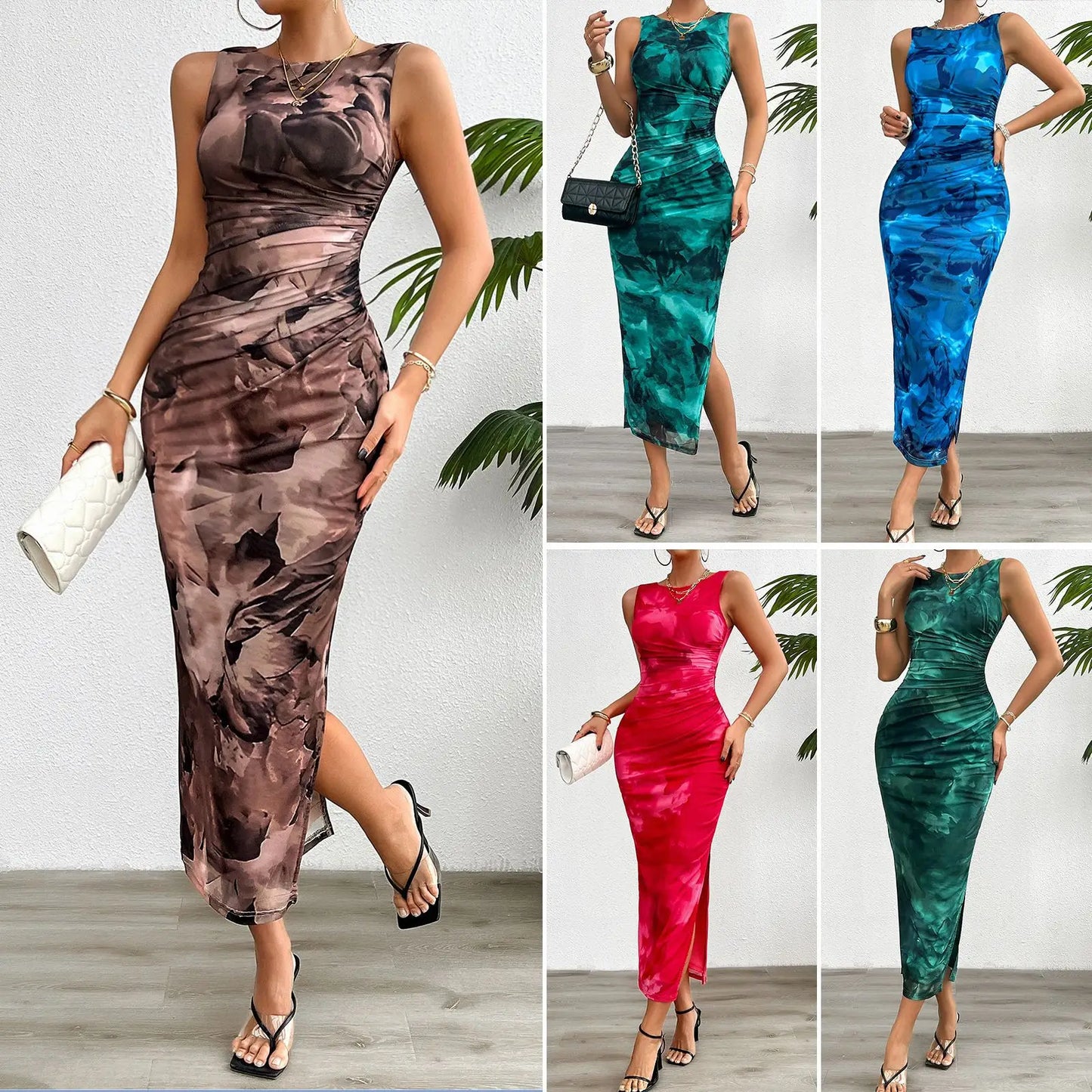 Cocktail Abstract Elegance Ruched Bodycon Midi Dress