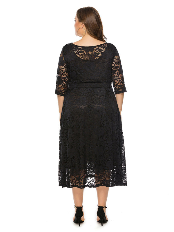 Cocktail Dresses - Cocktail Curvy Tea-length Lace Dress