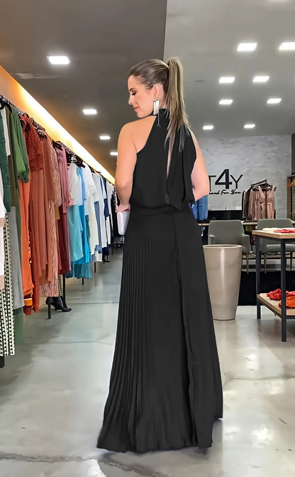 Cocktail Dresses- Cocktail Pleated Bowknot Back Blouson Maxi Dress- - Pekosa Women Clothing