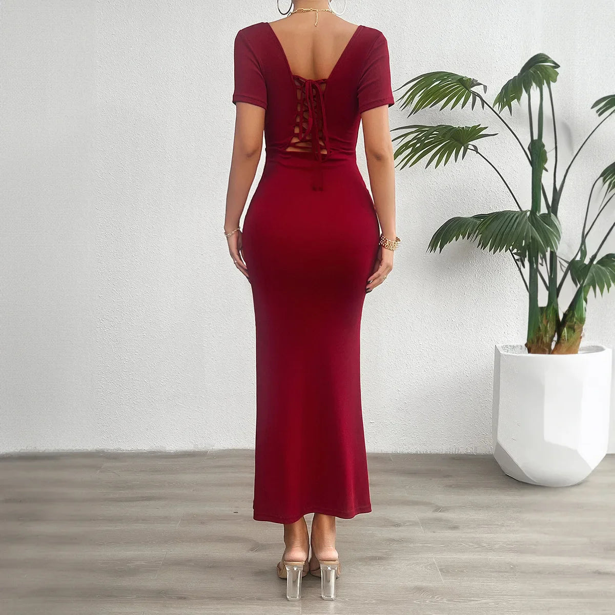 Mermaid Cocktail Style Lace-Up Midi Dress for Special Occasions