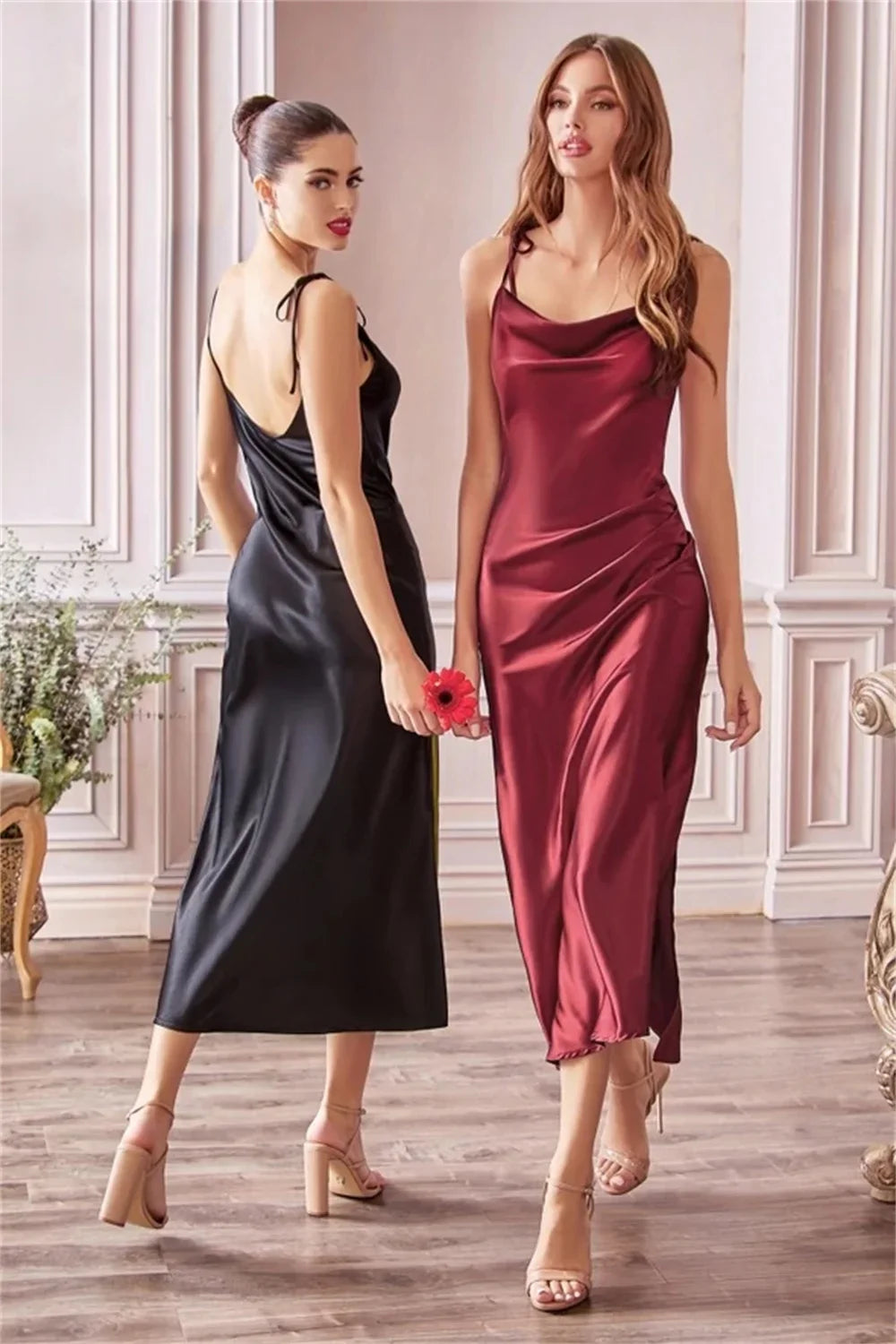 Cocktail Dresses- Elegant Cowl Neck Satin Bridesmaid Dress with Side Slit- - Pekosa Women Fashion