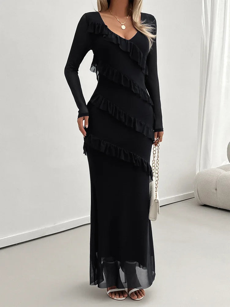Cocktail Dresses- Elegant Fall Ruffle-Tiered Maxi Dress for Formal Evenings- Black- Pekosa Women Fashion