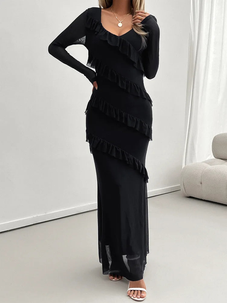 Cocktail Dresses- Elegant Fall Ruffle-Tiered Maxi Dress for Formal Evenings- - Pekosa Women Fashion