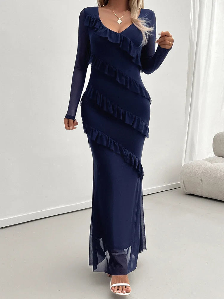 Cocktail Dresses- Elegant Fall Ruffle-Tiered Maxi Dress for Formal Evenings- Navy Blue- Pekosa Women Fashion