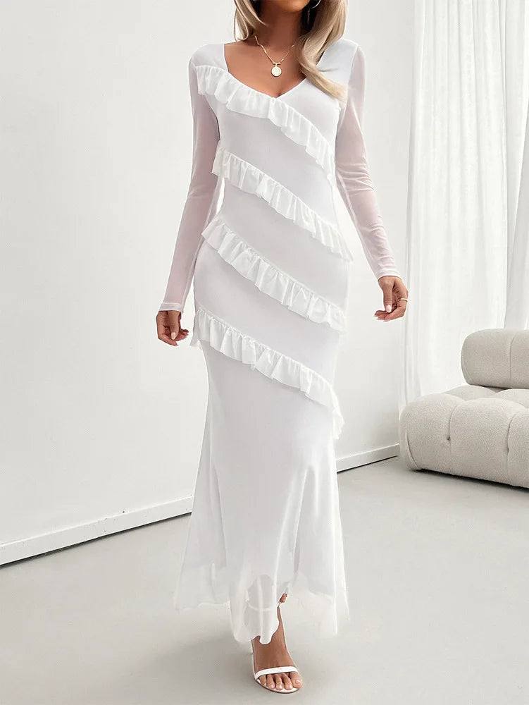 Cocktail Dresses- Elegant Fall Ruffle-Tiered Maxi Dress for Formal Evenings- White- Pekosa Women Fashion