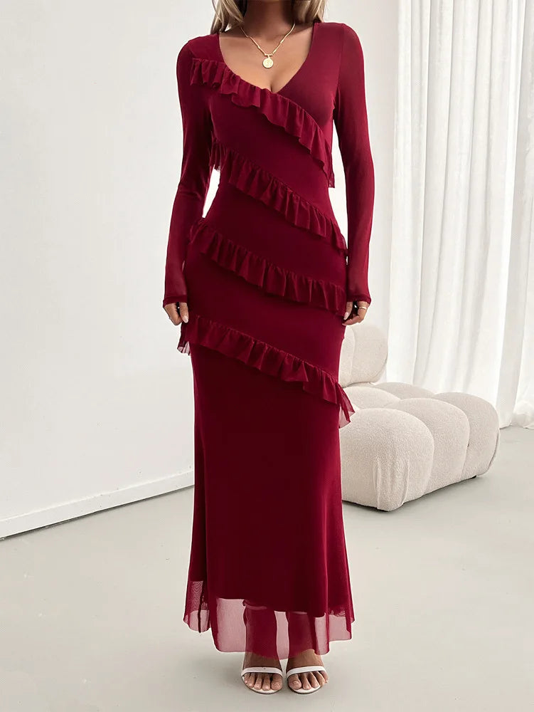 Cocktail Dresses- Elegant Fall Ruffle-Tiered Maxi Dress for Formal Evenings- Burgundy- Pekosa Women Fashion