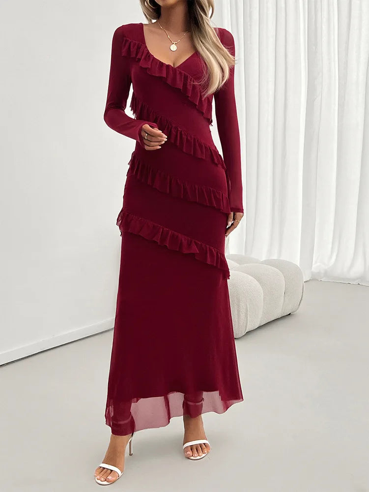 Cocktail Dresses- Elegant Fall Ruffle-Tiered Maxi Dress for Formal Evenings- - Pekosa Women Fashion