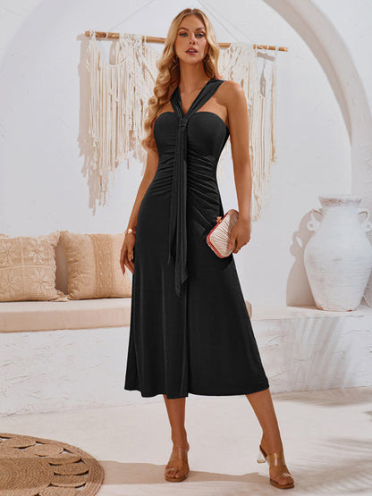 Cocktail Dresses- Elegant Gathered A-Line Knot Tea Dress- - Pekosa Women Fashion