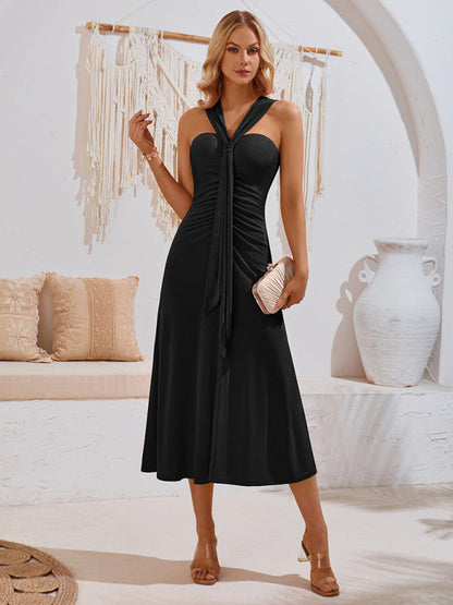 Cocktail Dresses- Elegant Gathered A-Line Knot Tea Dress- Black- Pekosa Women Fashion