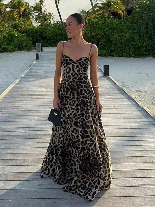 Cocktail Dresses - Elegant Leopard Maxi Dress for Evening Events