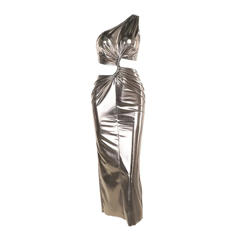 Cocktail Dresses- Party One-Shoulder Metallic Dress for Elegant Cocktails- - Pekosa Women Fashion