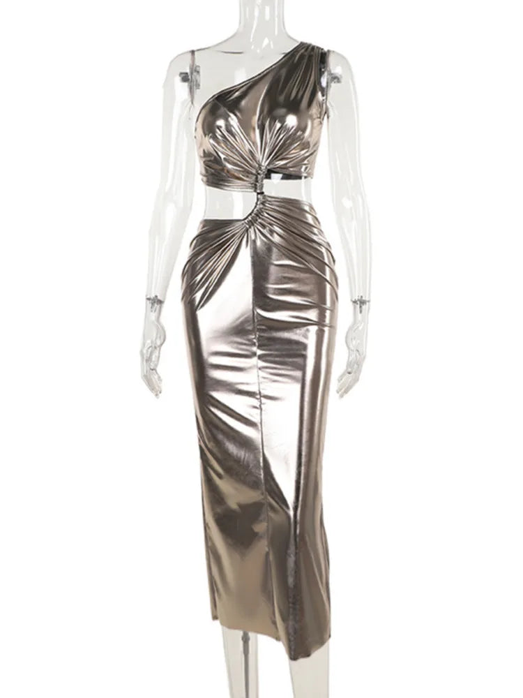 Cocktail Dresses- Party One-Shoulder Metallic Dress for Elegant Cocktails- - Pekosa Women Fashion