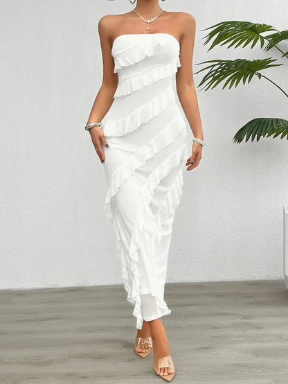 Elegant Ruffle Overlay Tube Bodycon Dress - Sophisticated Silhouette