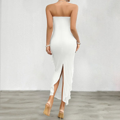 Elegant Ruffle Overlay Tube Bodycon Dress - Sophisticated Silhouette