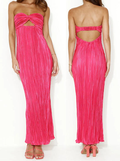 Cocktail Dresses- Elegant Pink Pleated Maxi Dress for Special Occasions- - Pekosa Women Fashion