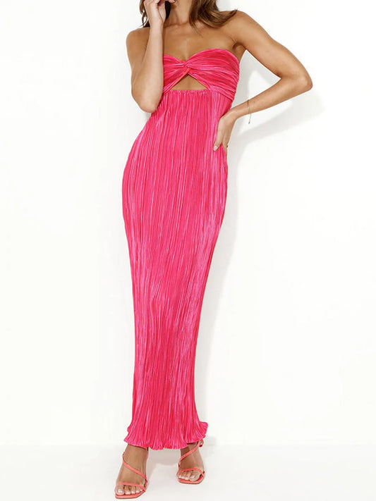 Cocktail Dresses- Elegant Pink Pleated Maxi Dress for Special Occasions- - Pekosa Women Fashion