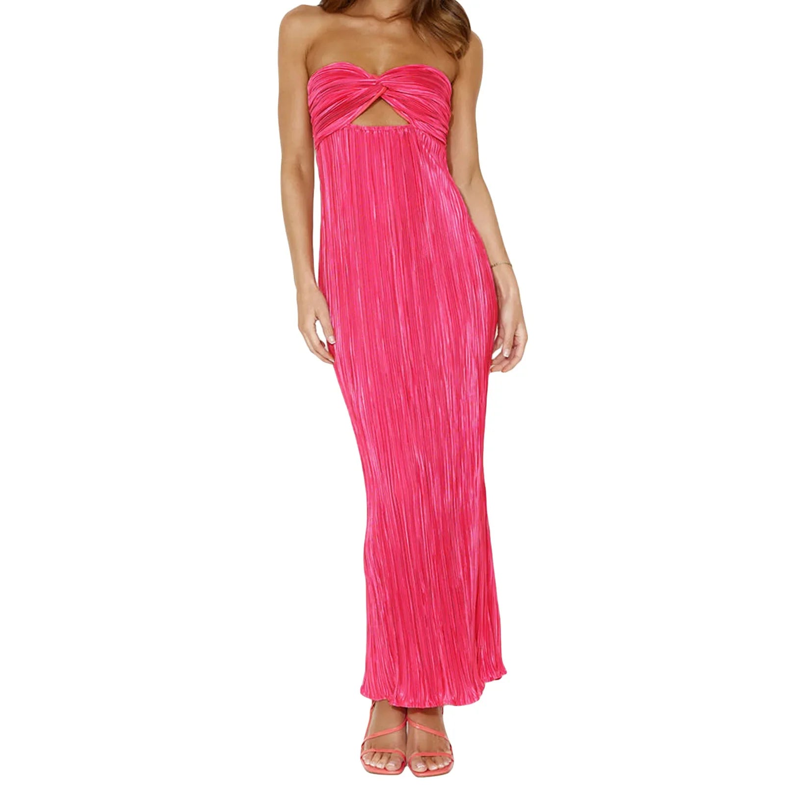 Cocktail Dresses- Elegant Pink Pleated Maxi Dress for Special Occasions- Pink- Pekosa Women Fashion