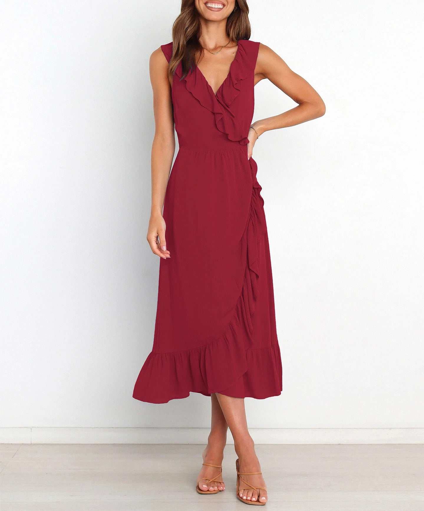 Cocktail Dresses - Elegant Ruffled V-neck Wrap-Style Cocktail Dress