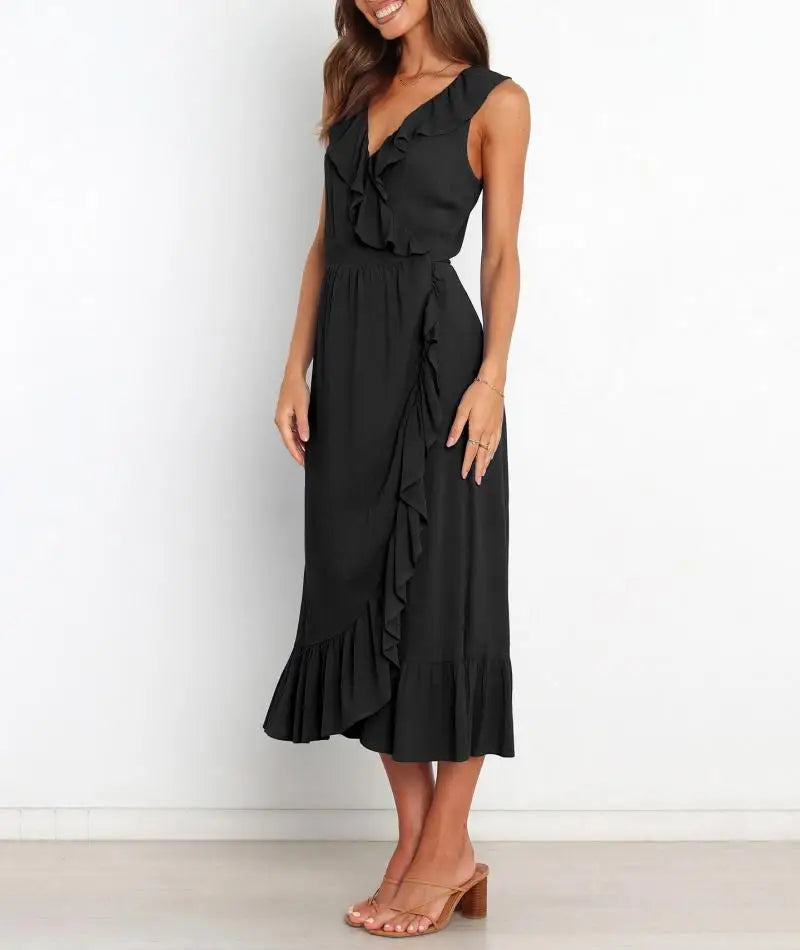 Cocktail Dresses - Elegant Ruffled V-neck Wrap-Style Cocktail Dress