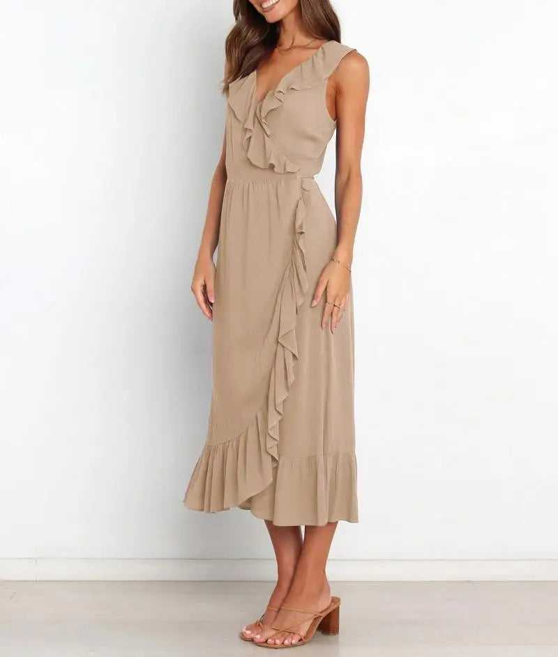 Cocktail Dresses - Elegant Ruffled V-neck Wrap-Style Cocktail Dress