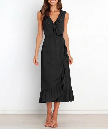 Cocktail Dresses - Elegant Ruffled V-neck Wrap-Style Cocktail Dress