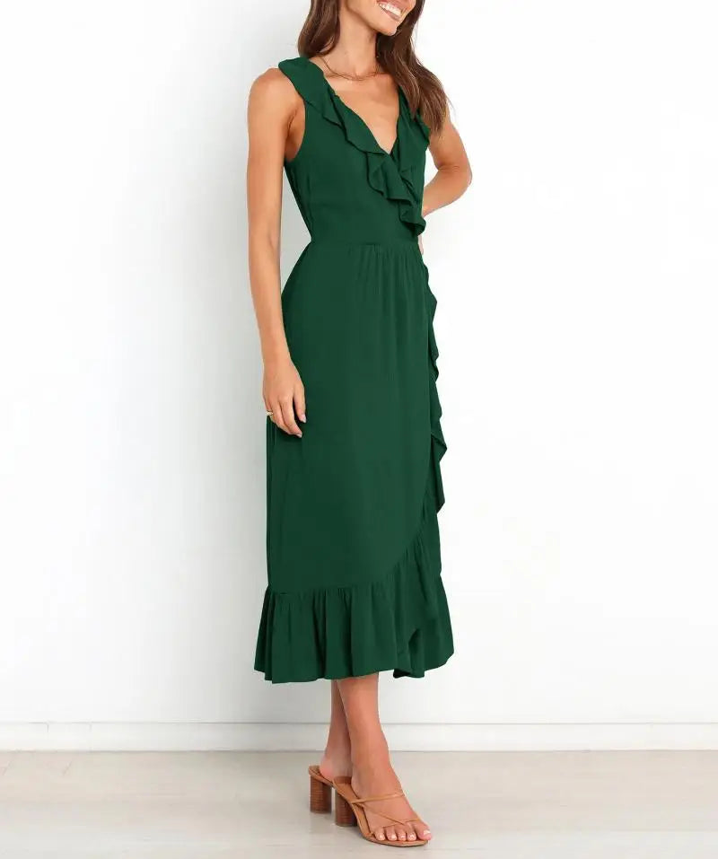 Cocktail Dresses - Elegant Ruffled V-neck Wrap-Style Cocktail Dress