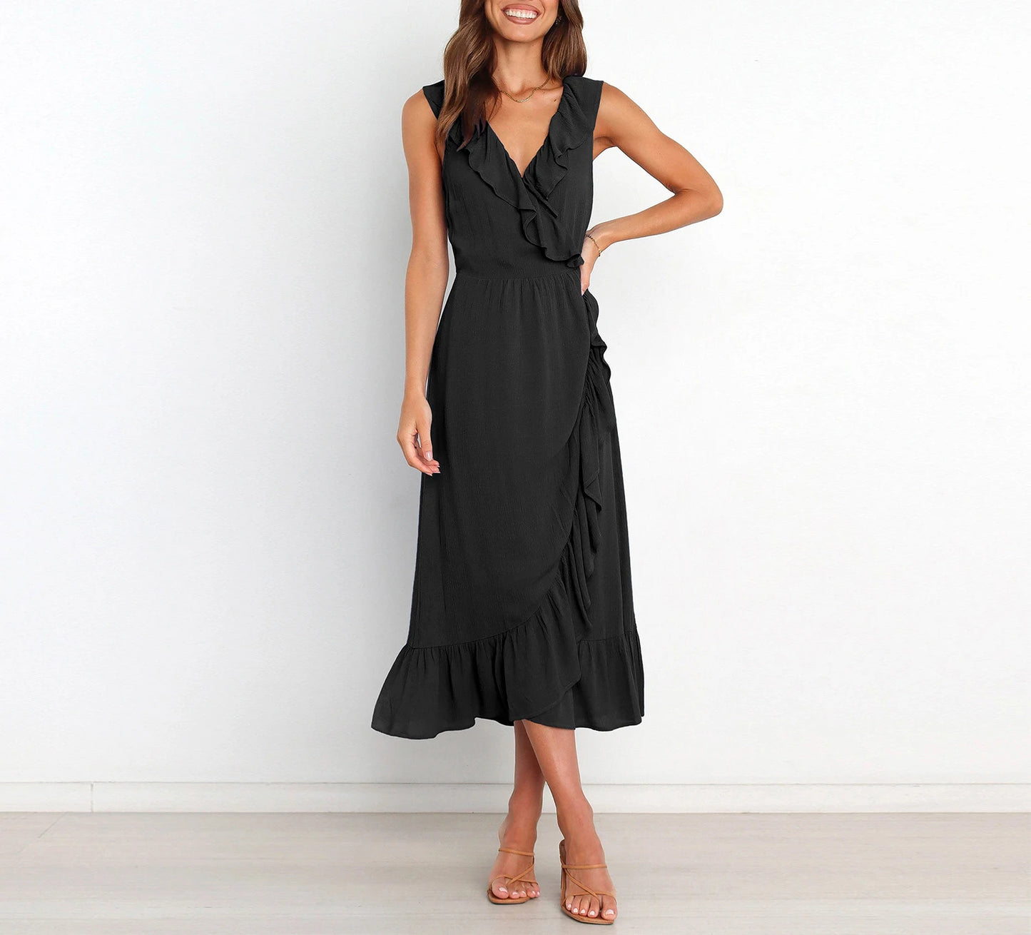 Cocktail Dresses - Elegant Ruffled V-neck Wrap-Style Cocktail Dress