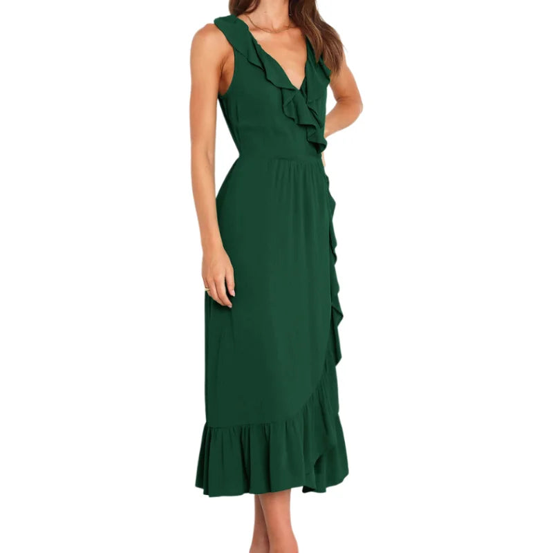 Cocktail Dresses - Elegant Ruffled V-neck Wrap-Style Cocktail Dress