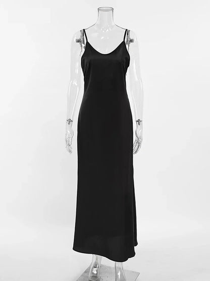 Cocktail Dresses- Elegant Satin in a Black Slip Dress- - Pekosa Women Fashion