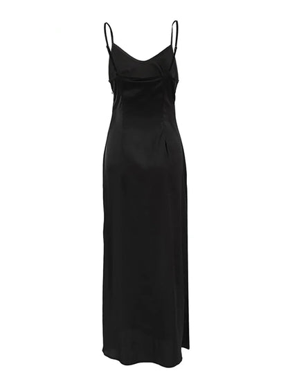 Cocktail Dresses- Elegant Satin in a Black Slip Dress- - Pekosa Women Fashion