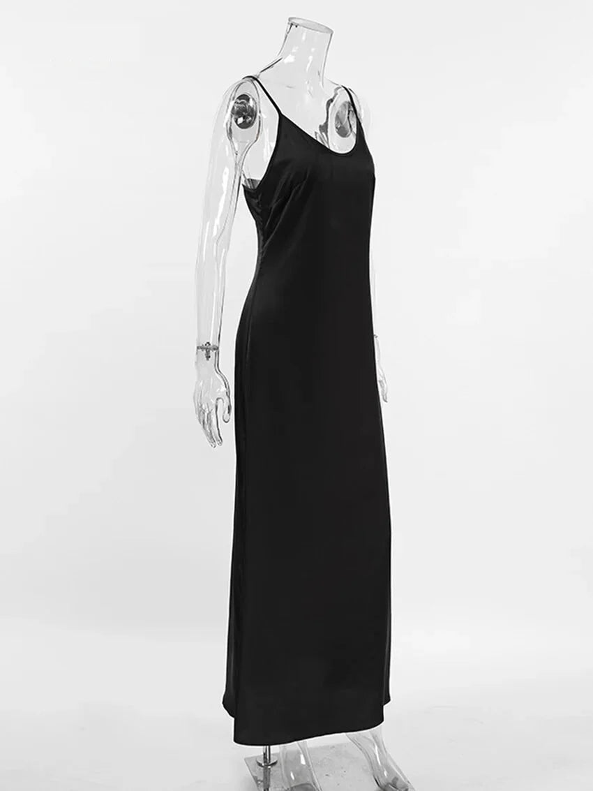 Cocktail Dresses- Elegant Satin in a Black Slip Dress- - Pekosa Women Fashion