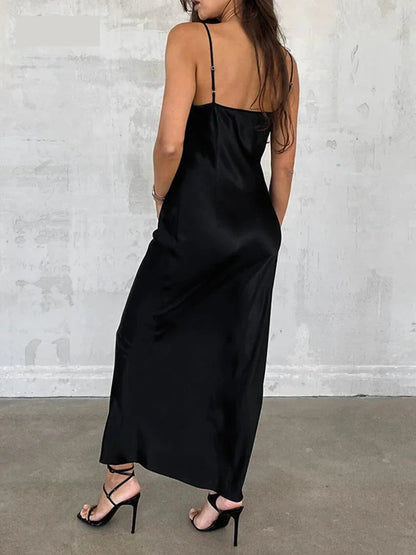 Cocktail Dresses- Elegant Satin in a Black Slip Dress- - Pekosa Women Fashion