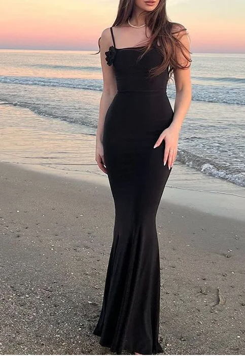 Cocktail Dresses- Elegant Solid Peach Mermaid Maxi Dress Captivating Wedding Attire- Black- Pekosa Women Fashion