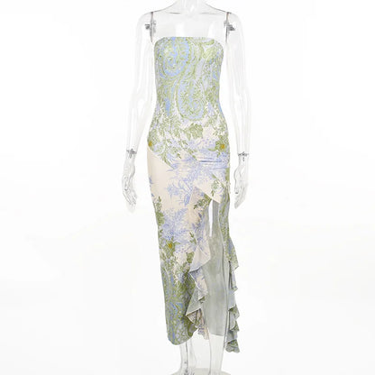 Cocktail Dresses- Elegant Tube Dress with Strapless Design in Botanical Print- Light Green- Pekosa Women Fashion