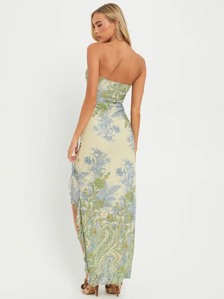 Cocktail Dresses- Elegant Tube Dress with Strapless Design in Botanical Print- - Pekosa Women Fashion