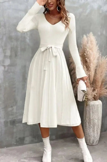 Cocktail Dresses- Elegant White Pleated Knit Dress with Waist Tie