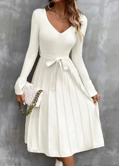 Cocktail Dresses- Elegant White Pleated Knit Dress with Waist Tie