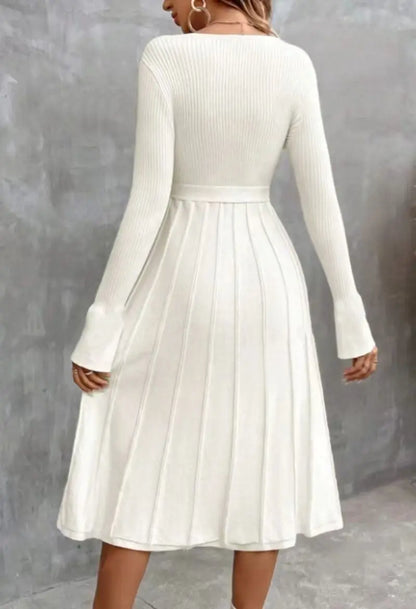 Cocktail Dresses- Elegant White Pleated Knit Dress with Waist Tie