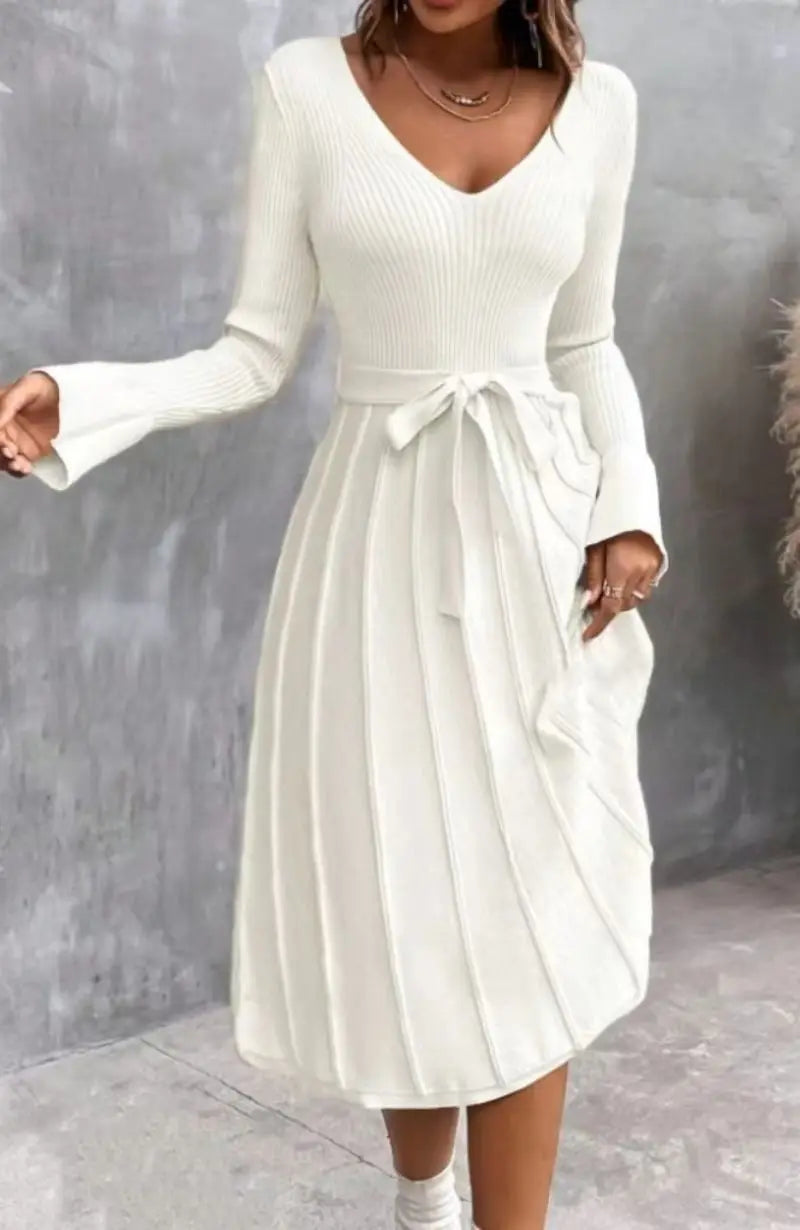 Cocktail Dresses- Elegant White Pleated Knit Dress with Waist Tie