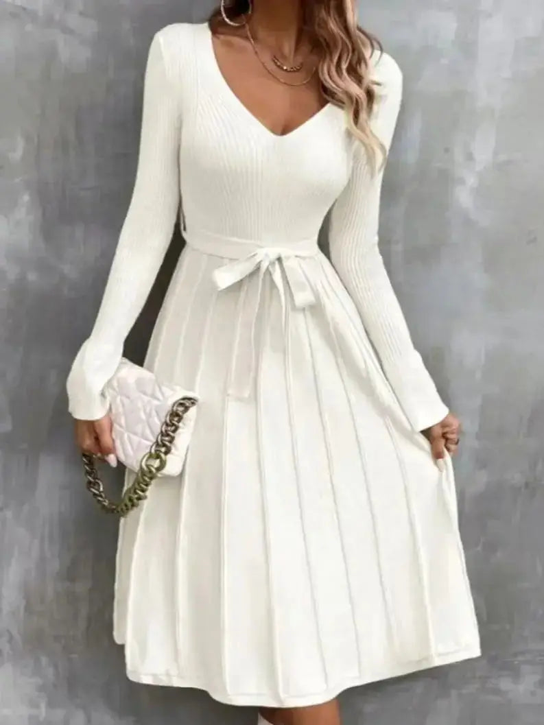 Cocktail Dresses- Elegant White Pleated Knit Dress with Waist Tie