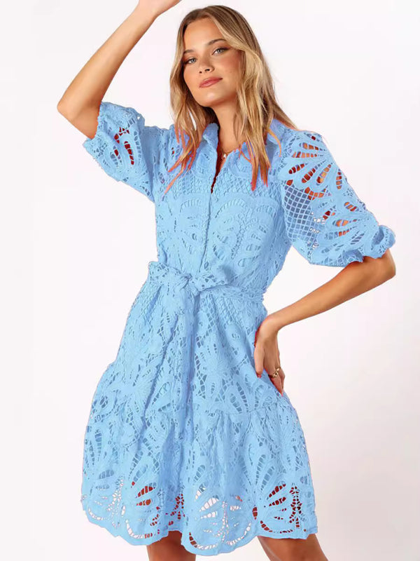 Cocktail Dresses - Floral Lace Overlay Shirt Dress with Belt