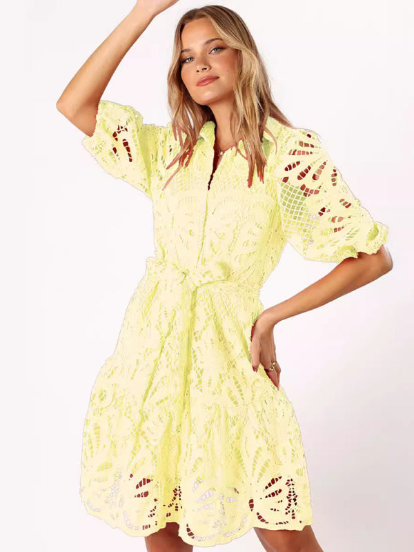 Cocktail Dresses - Floral Lace Overlay Shirt Dress with Belt